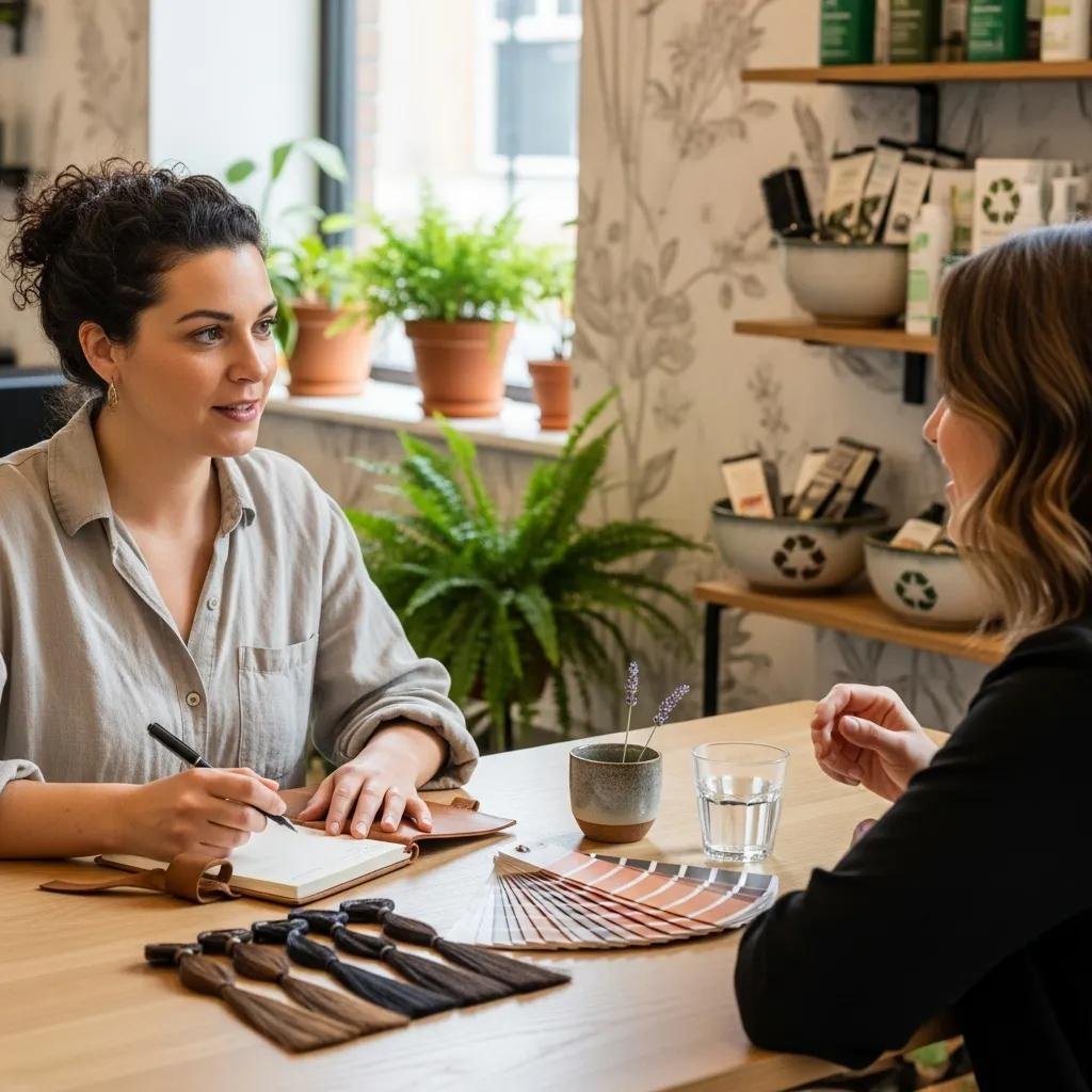Stylist and client in a focused consultation discussing hair history and styling goals