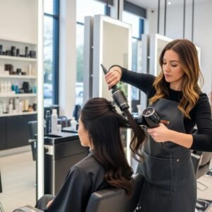 Stylist creating volume in Asian hair with a round brush and blow dryer in a modern salon