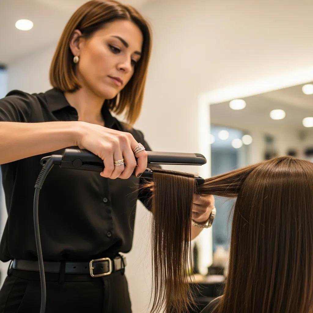 Stylist demonstrating flat iron technique on a client's hair for salon-quality results