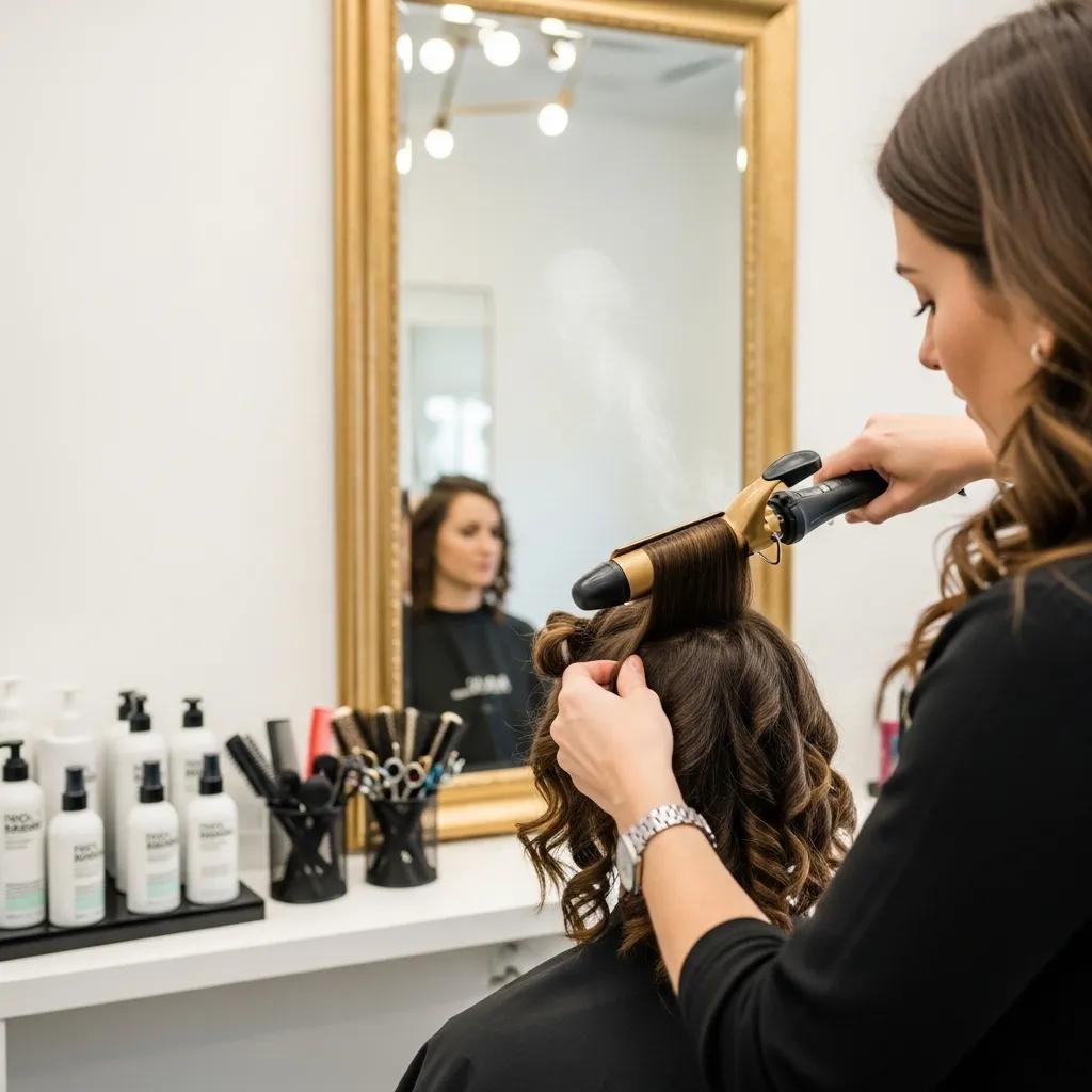 Stylist using an automatic curler to demonstrate pro curling technique