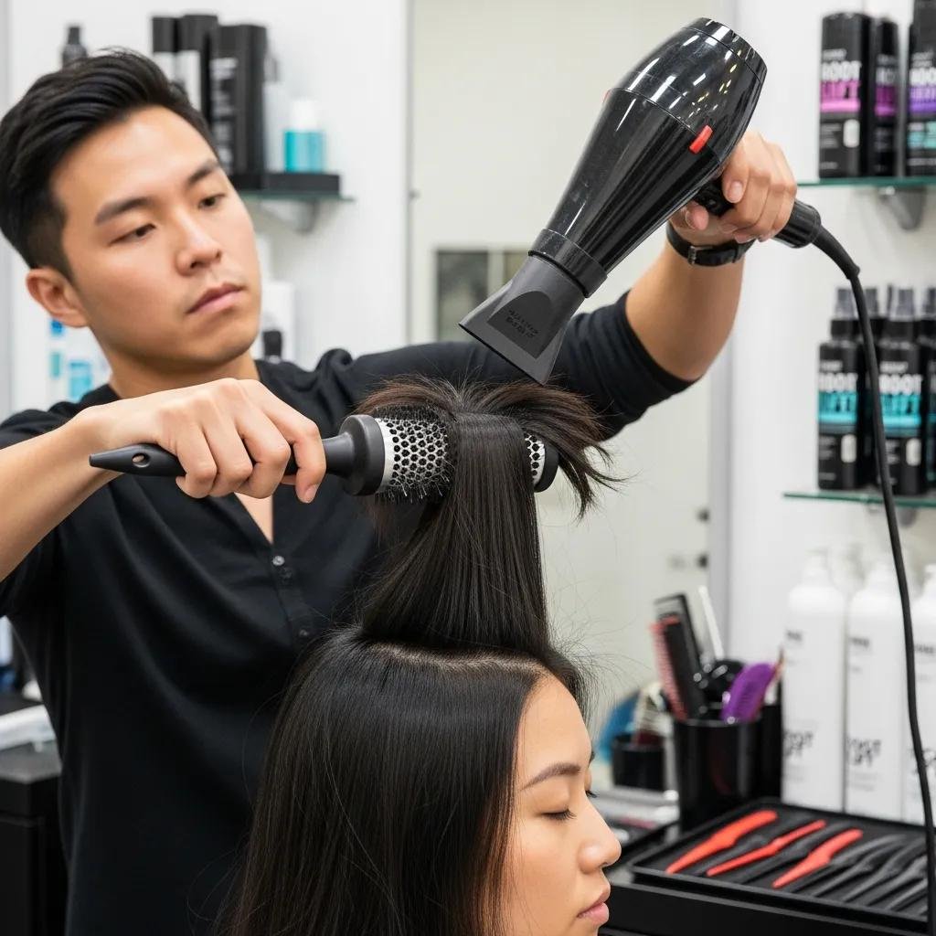 Stylist demonstrating a root-lift blow-dry on Asian hair for fuller roots