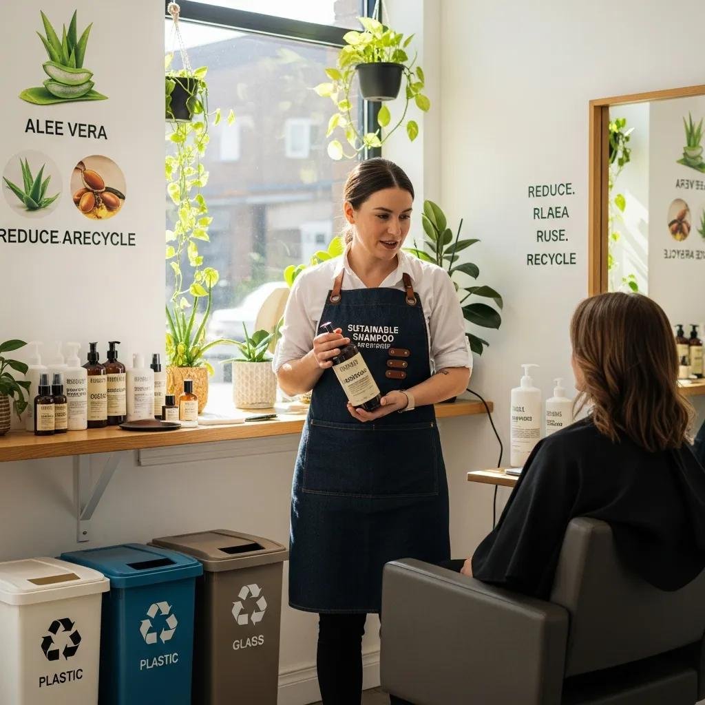 Stylist demonstrating sustainable hair care using refillable products