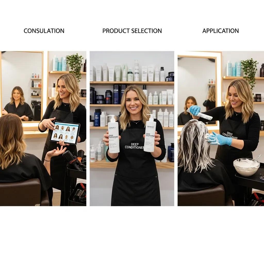 A stylist consulting with a client and applying a deep conditioning formula in the salon