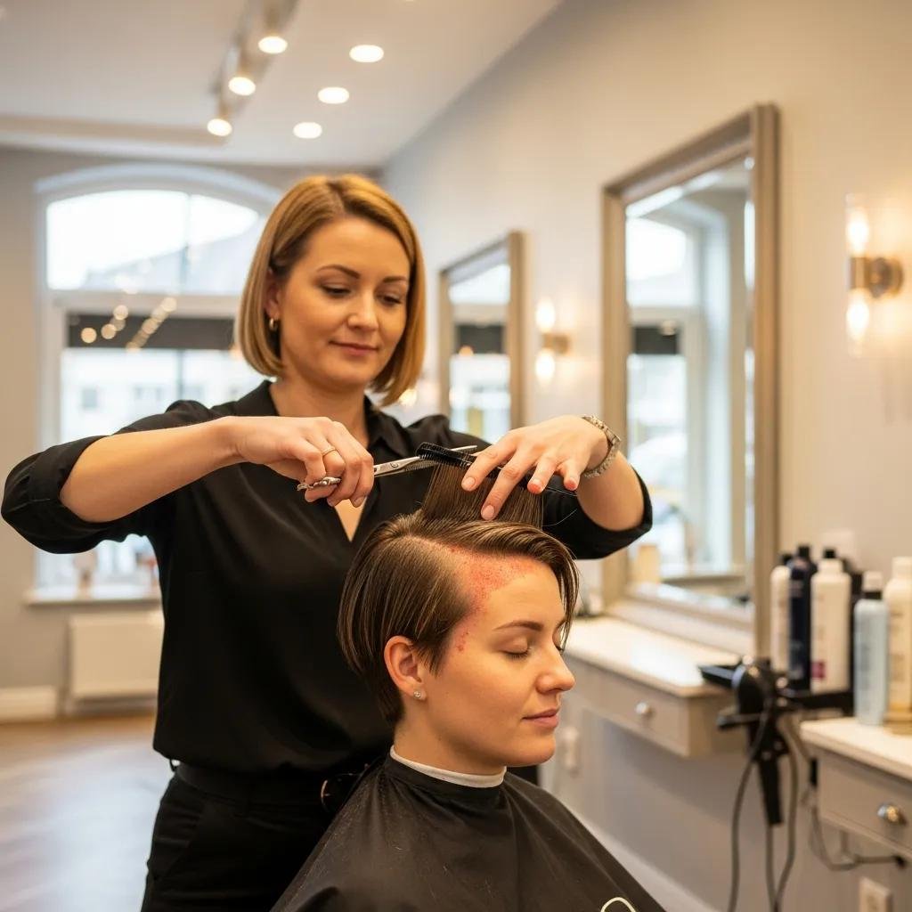 A stylist carefully performing a low-tension haircut for a client with a sensitive scalp