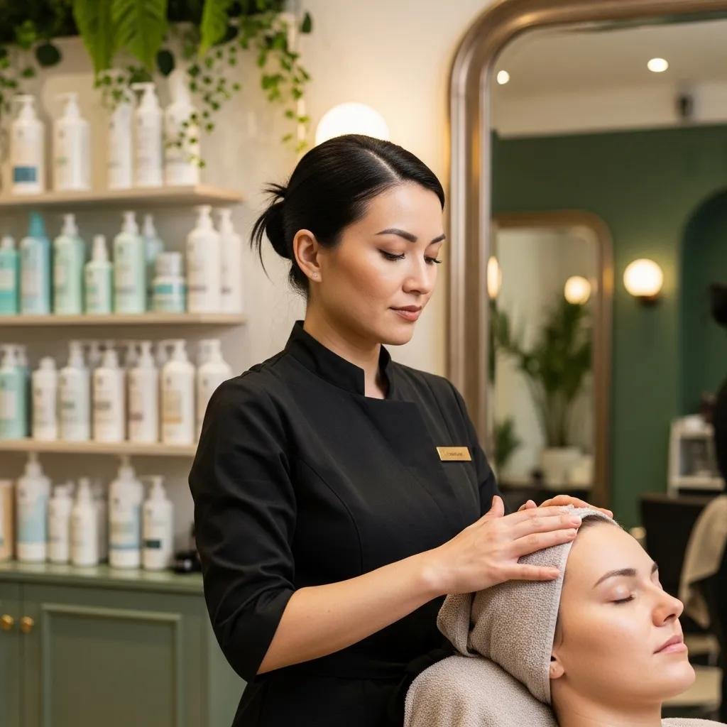 Salon stylist performing a scalp treatment — professional care for oily hair and scalp detox