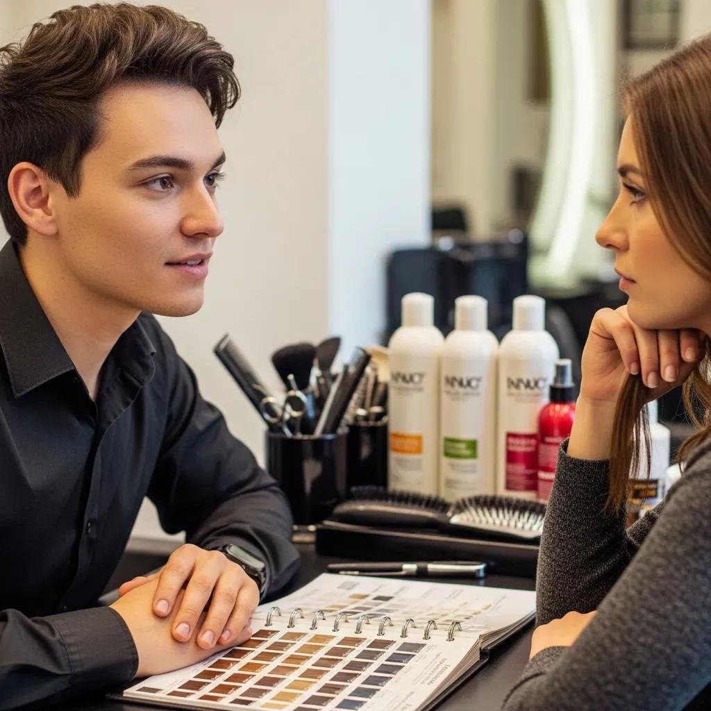 A stylist giving a personalized consultation to a client inside a modern salon