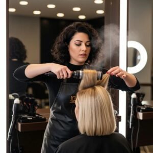 Stylist using a round brush to create volume and smoothness in a client's hair at a salon
