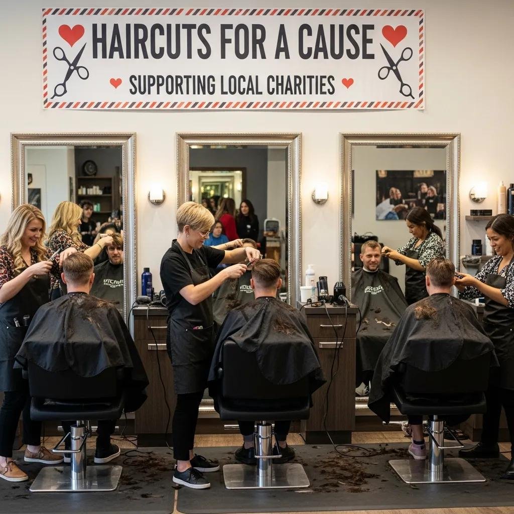 Stylists giving haircuts during a charity event — clients support causes while getting salon services