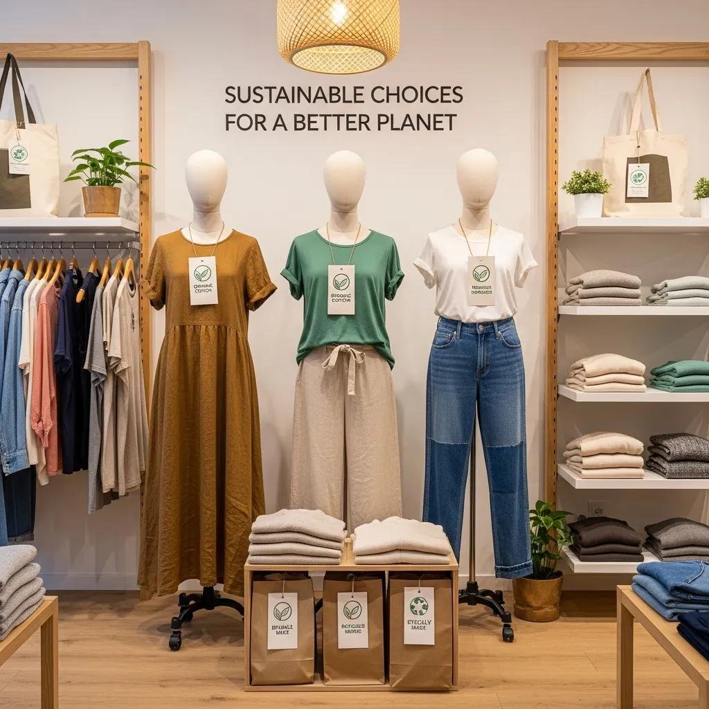 Thoughtful sustainable fashion display highlighting eco-friendly fabrics and small-batch labels