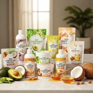 Variety of deep conditioning hair masks with natural ingredients on a bathroom counter