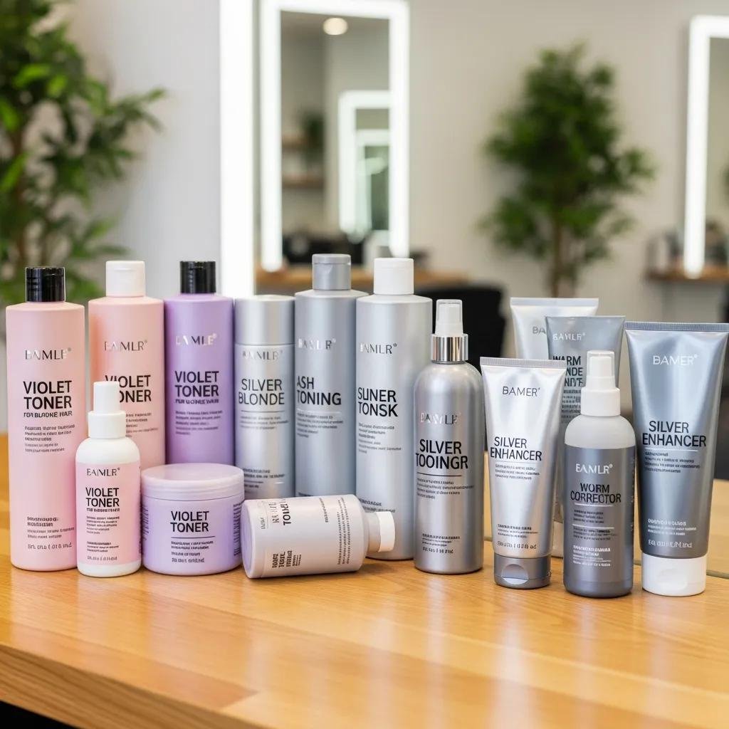 Assorted professional hair toners and bowls on a salon counter ready to refine highlighted hair