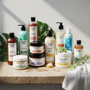 Variety of paraben-free hair care products on a bathroom counter, emphasizing clean beauty
