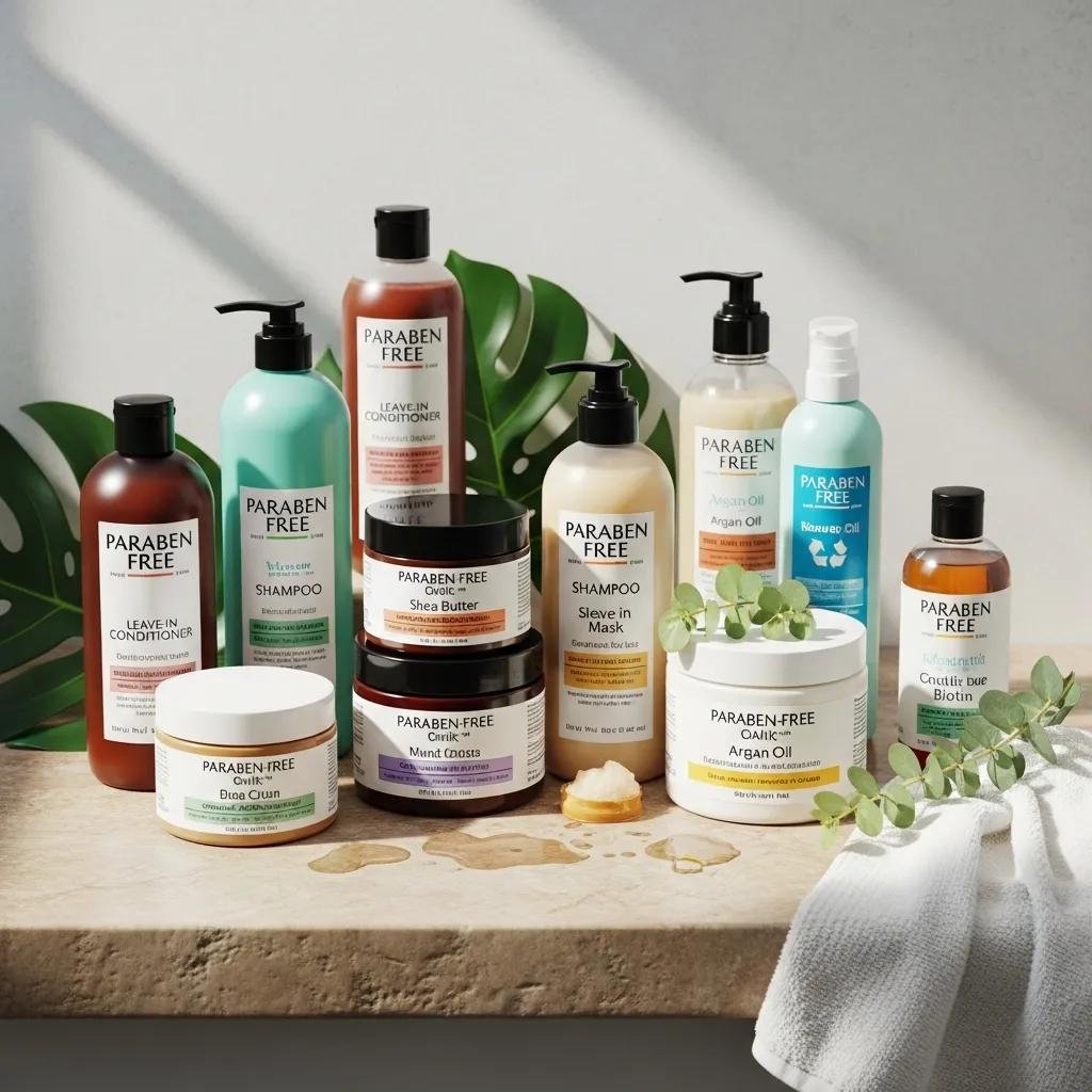 Variety of paraben-free hair care products on a bathroom counter, emphasizing clean beauty