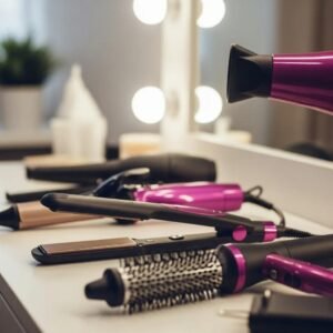Variety of professional hair styling tools including flat iron, curling wand, and hair dryer on a stylish vanity