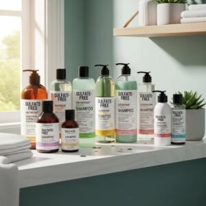 Variety of sulfate-free shampoo bottles on a bathroom shelf, highlighting hair care options