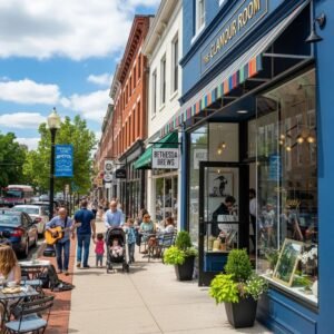 Vibrant Bethesda street scene featuring a salon, shops, and outdoor dining