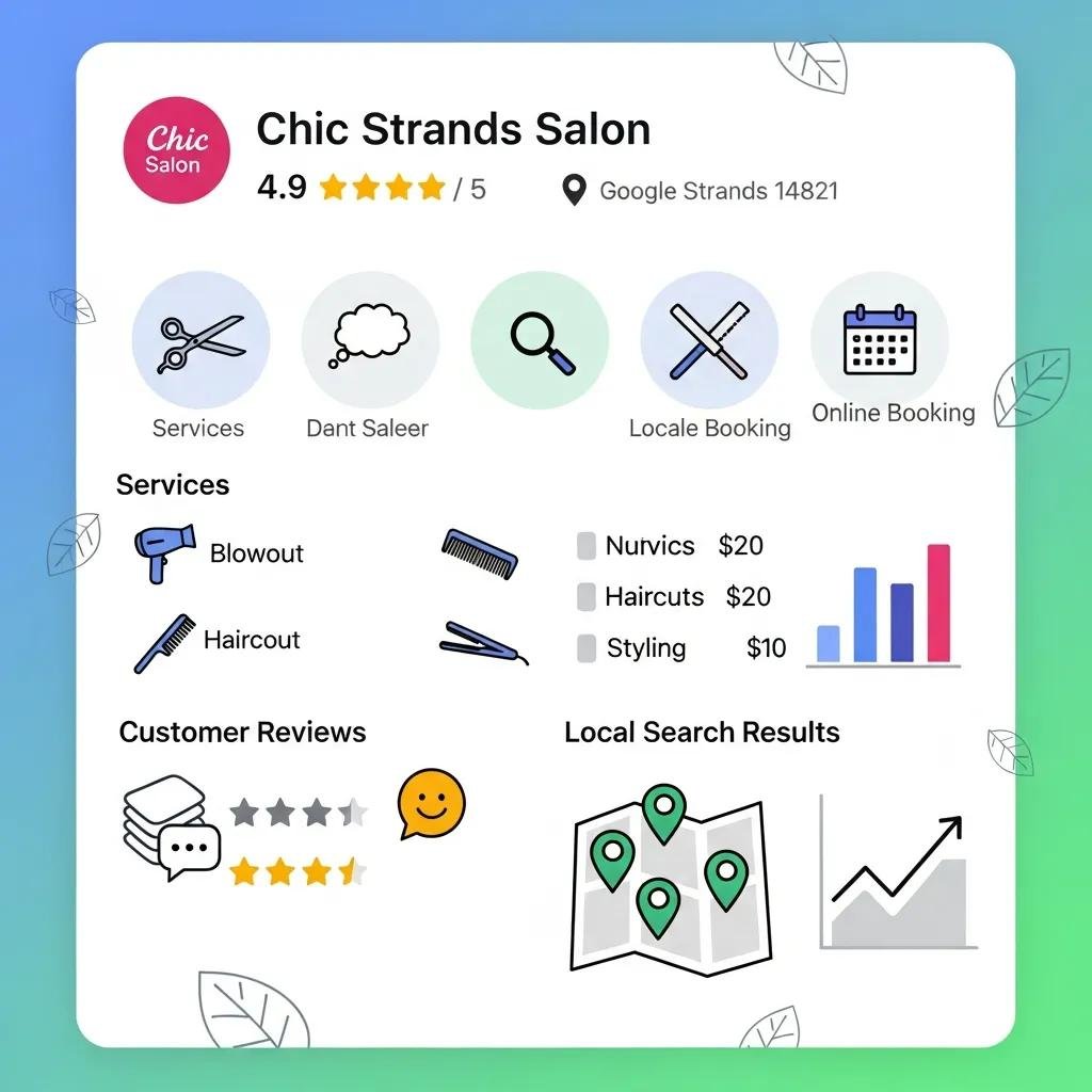 Screenshot-style image of a salon Google Business Profile highlighting local SEO details