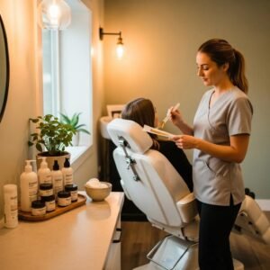 Welcoming salon interior with organic waxing products and treatment setup for gentle lip waxing