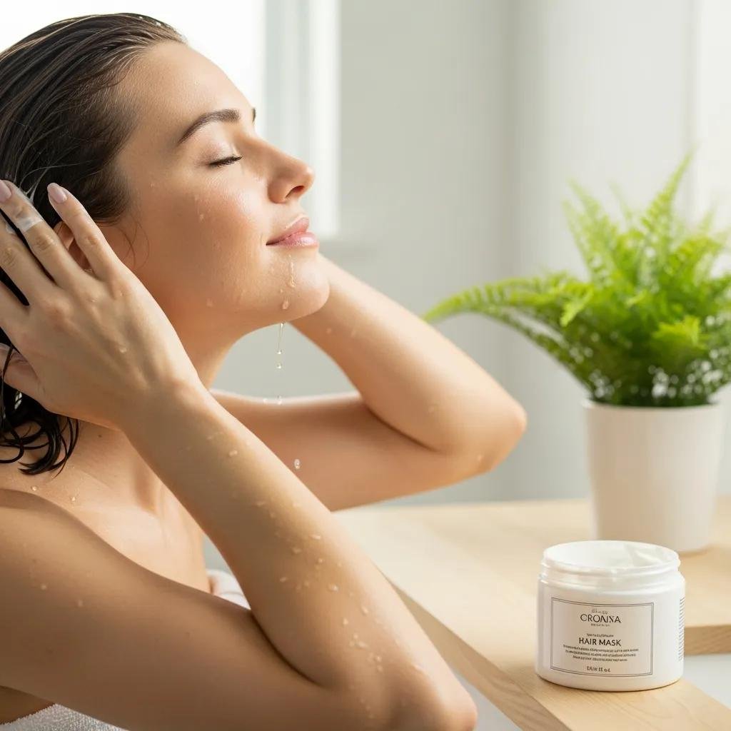 Person applying a hydrating hair mask in a bright bathroom to restore moisture