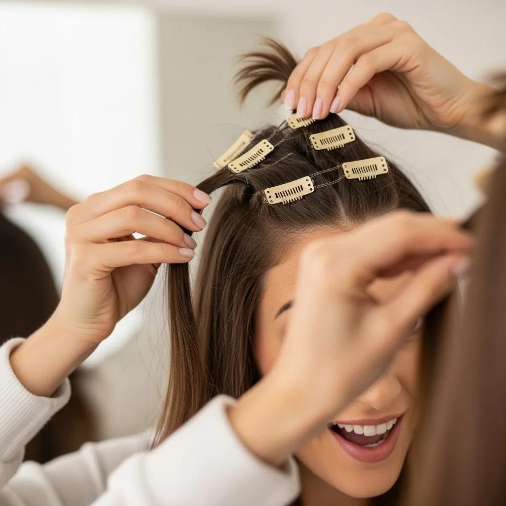 Person fastening clip-in hair extensions in front of a mirror