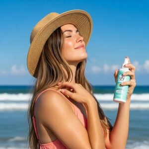 Woman applying UV hair protection spray at the beach, showcasing summer hair care tips