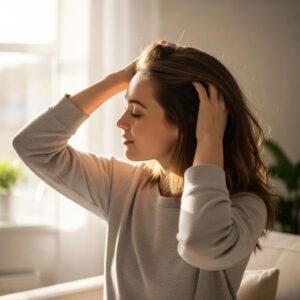 Woman caring for her hair in a sunlit room, representing hormonal hair changes and self-care