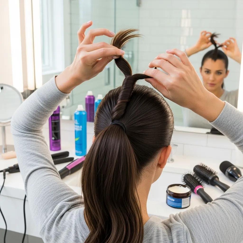 Demonstration of a wrapped low ponytail &mdash; a polished, quick ponytail idea