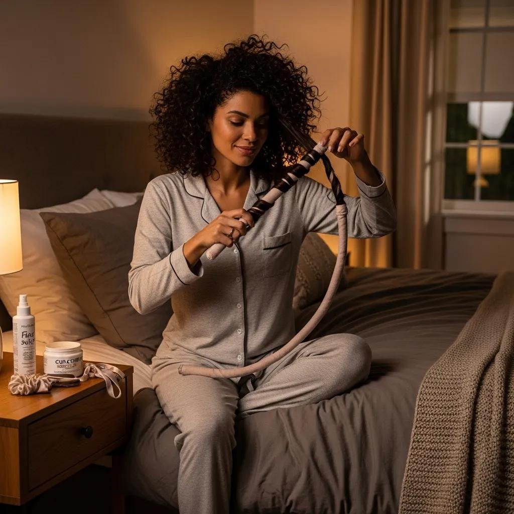 Woman preparing for bed with heatless styling techniques for textured hair, showcasing curl cream and silk accessories