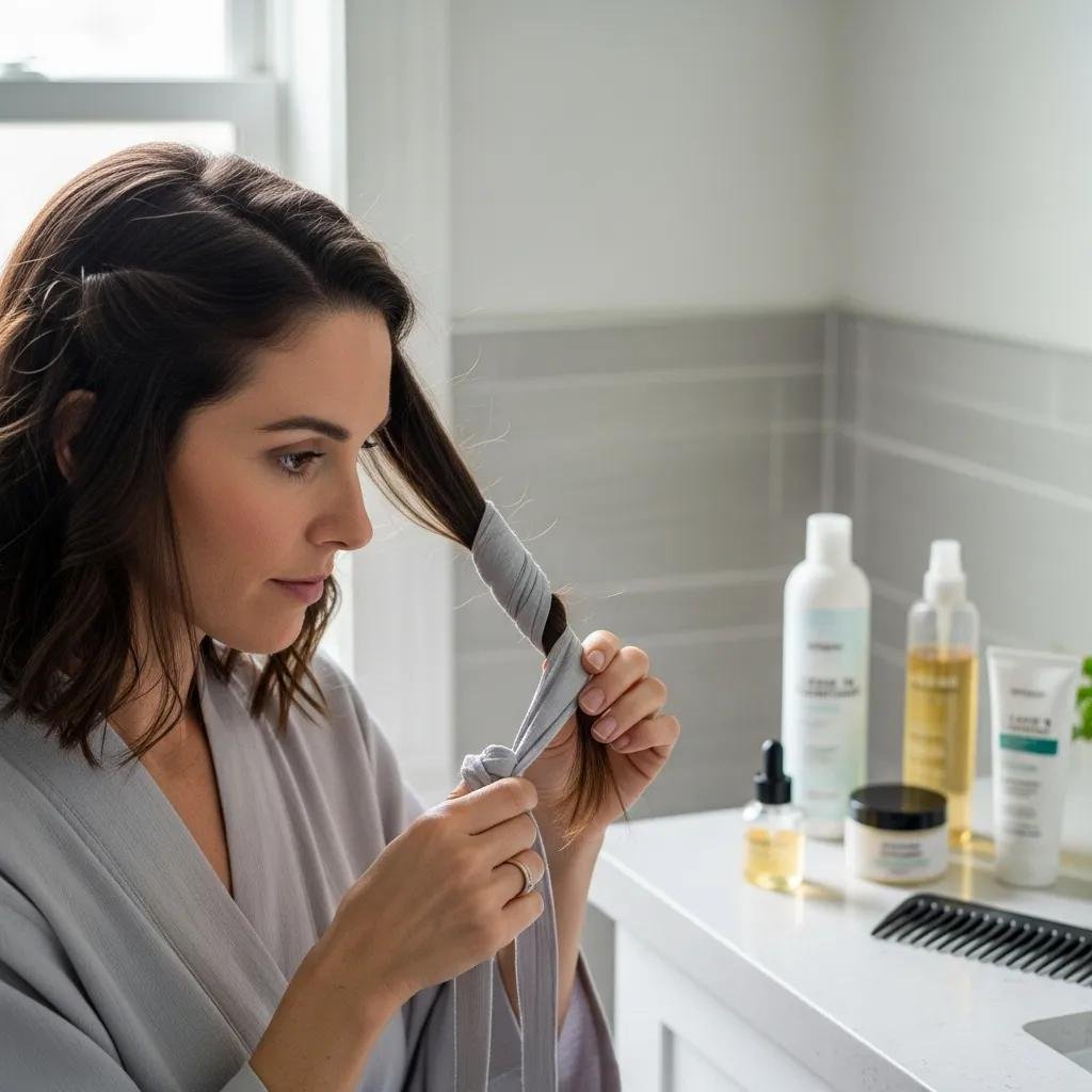 Using a robe tie to wrap hair for gentle overnight curls