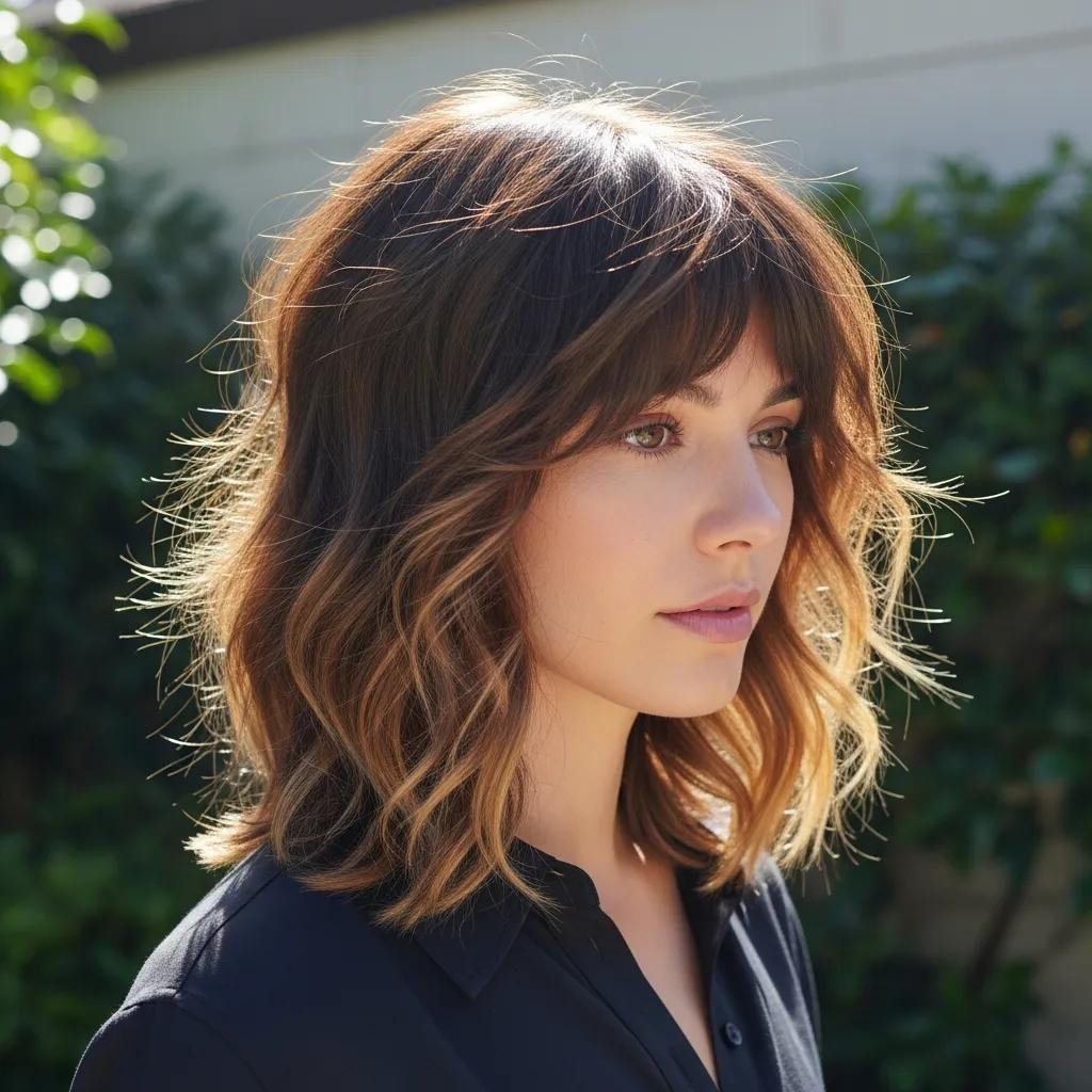 Woman wearing a Modern Shag with curtain bangs outdoors