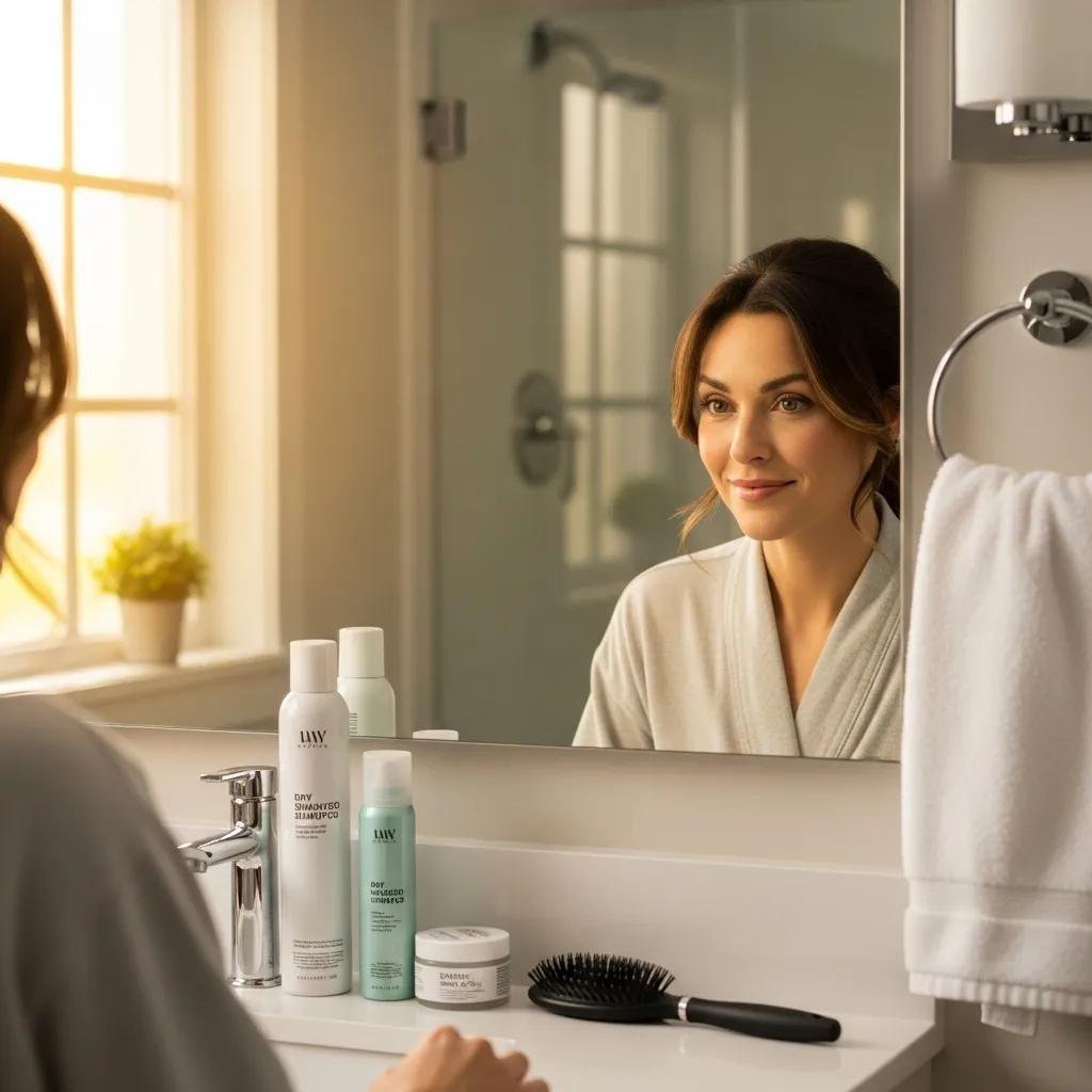 Woman with a quick hairstyle in a cozy morning setting, highlighting easy everyday hairstyles