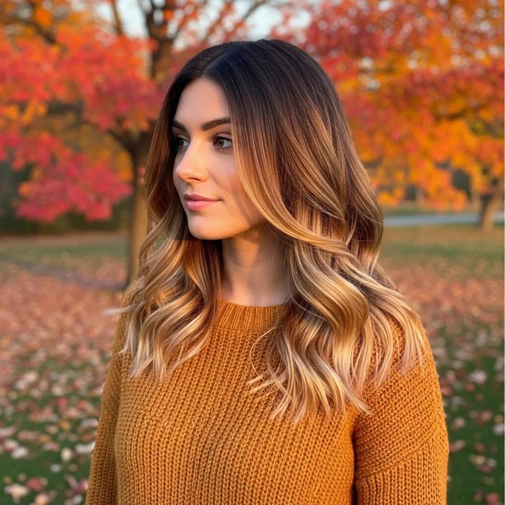 Woman with warm caramel balayage styled for a cozy autumn day