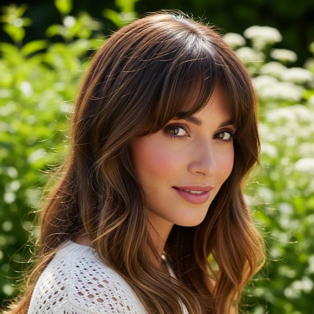 Client with curtain bangs softly framing a round face