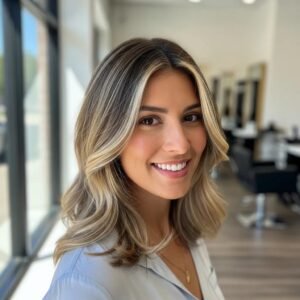 Woman with face-framing highlights in a bright salon, showcasing vibrant hair color and luminosity