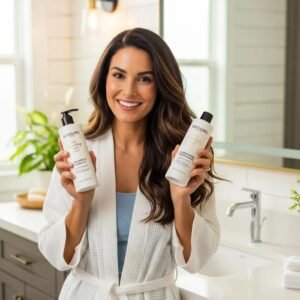 Woman with healthy hair holding hair care products in a bright bathroom