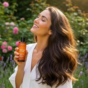 Woman with shiny hair holding hair treatment product in a sunny garden