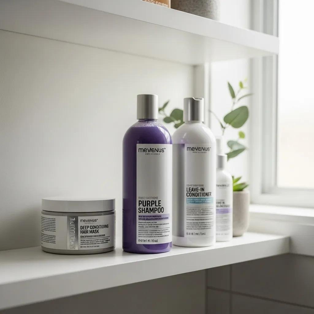 Care essentials for icy blonde hair: purple shampoo, leave-in, and protective products