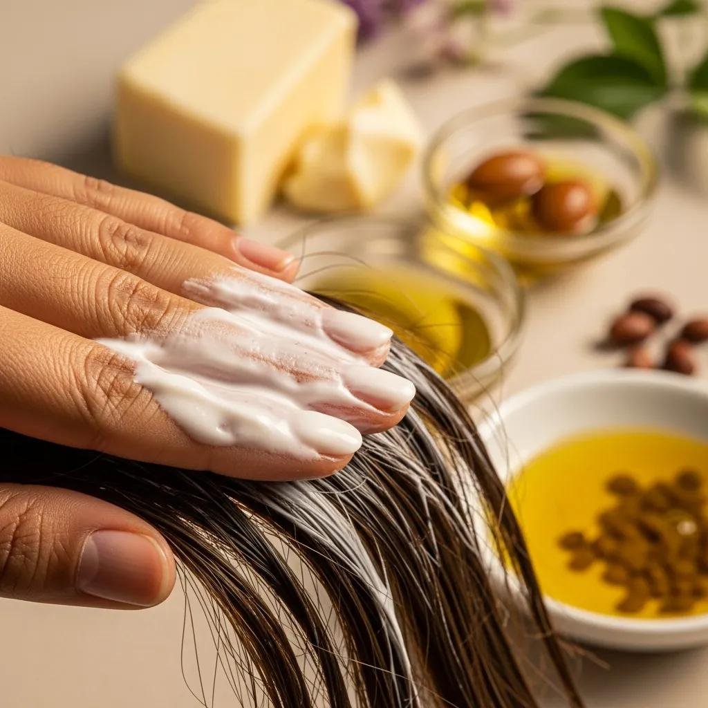 Applying rich conditioner to hair, illustrating moisturizing care for dry or damaged strands