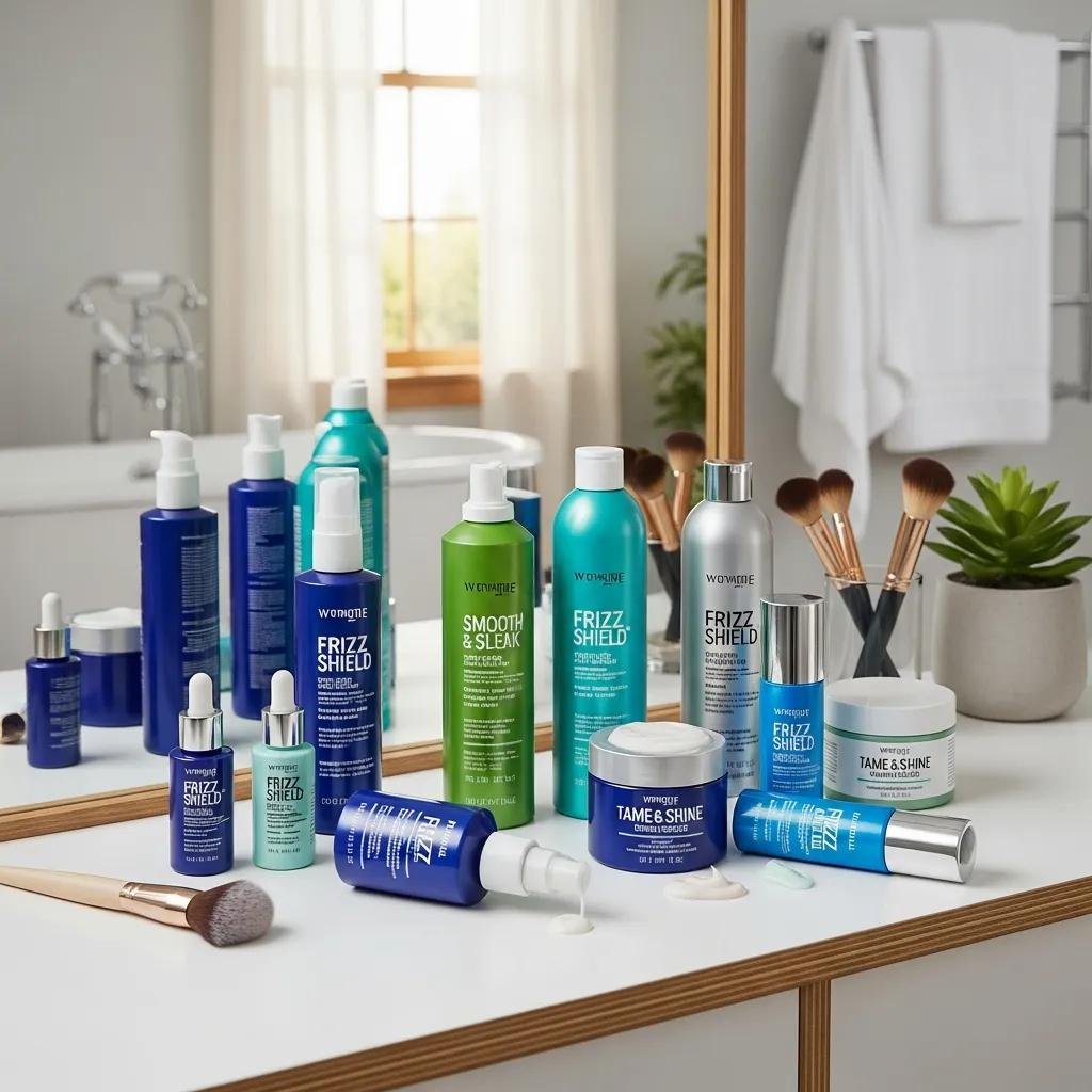 Selection of frizz-control treatments and styling products on a vanity at Kylie Studio Salon