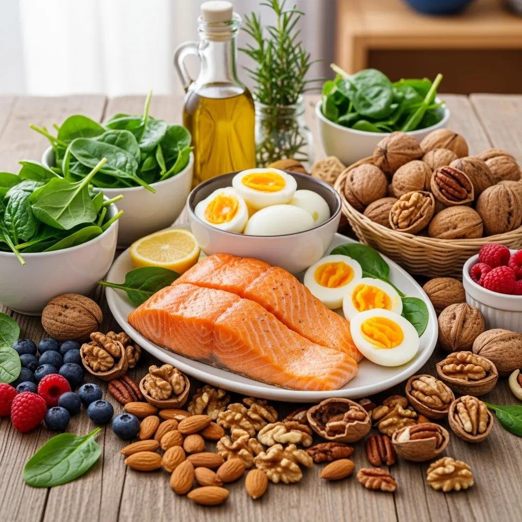 Nutrient-rich foods like eggs, greens, and nuts that support hair health