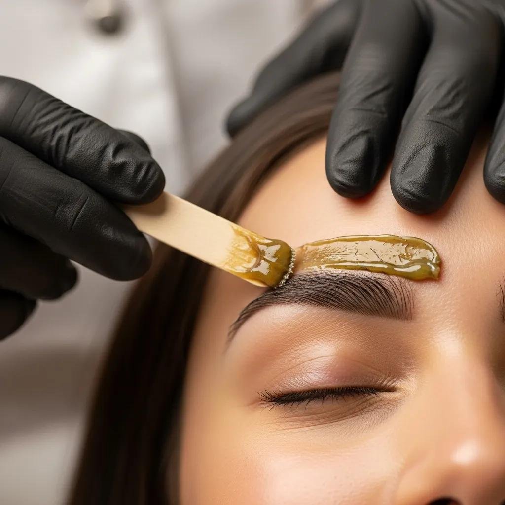 Technician applying organic wax to shape a client's brows in a professional studio