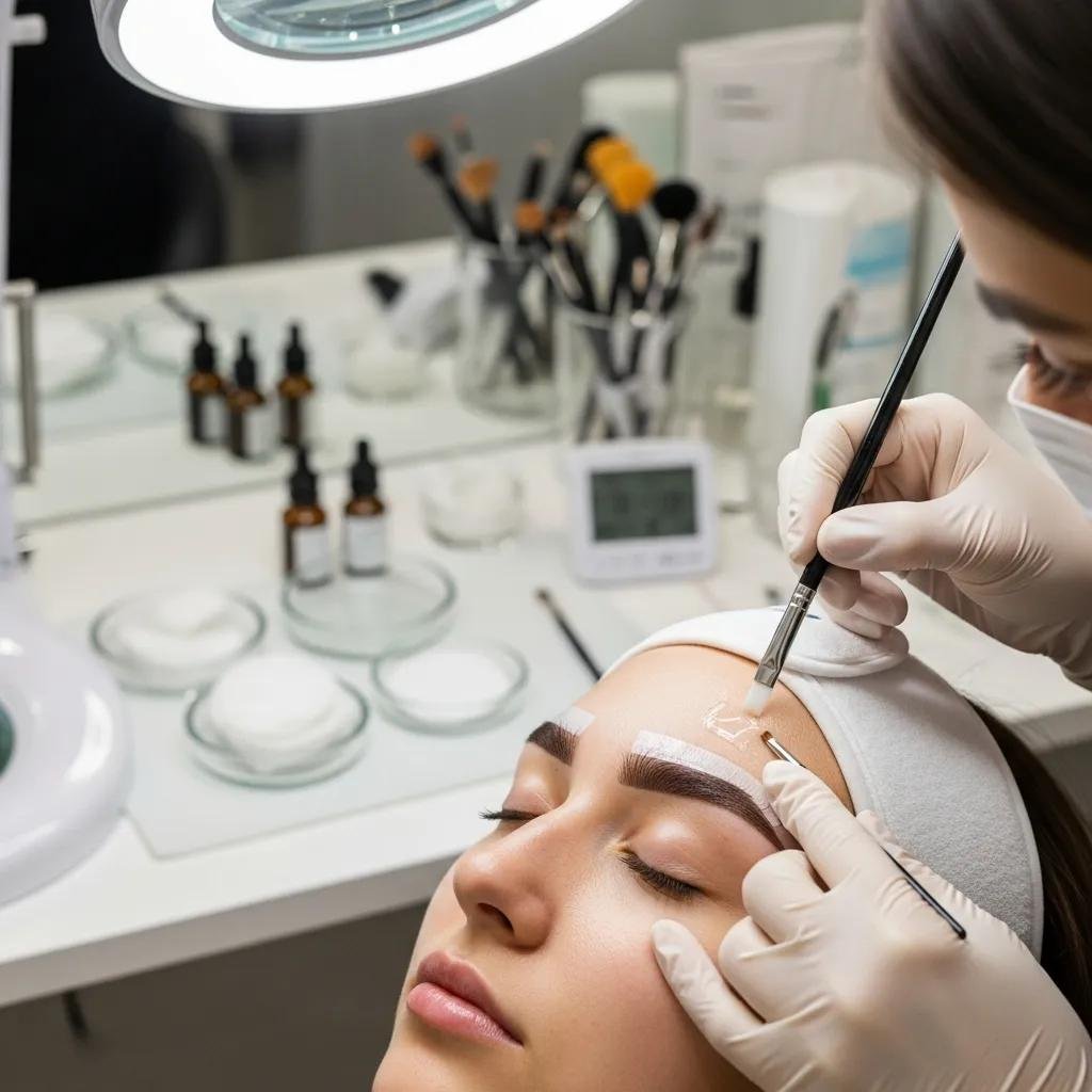 Technician applying a lifting solution during a brow lamination service in a modern salon