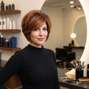 Chic pixie haircut in a modern Bethesda salon, showcasing trendy short hair styles