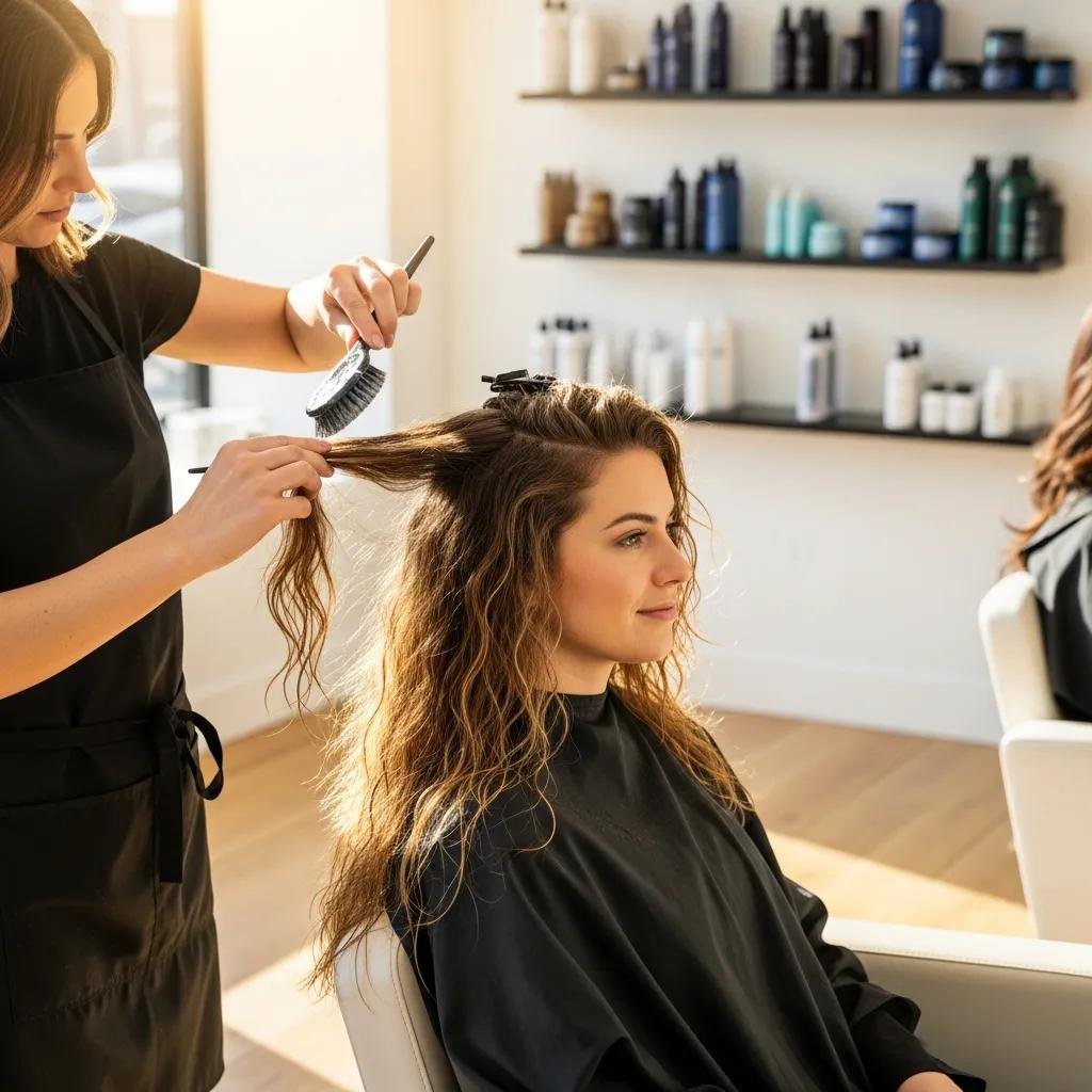 Client receiving a keratin smoothing treatment — the transformation process