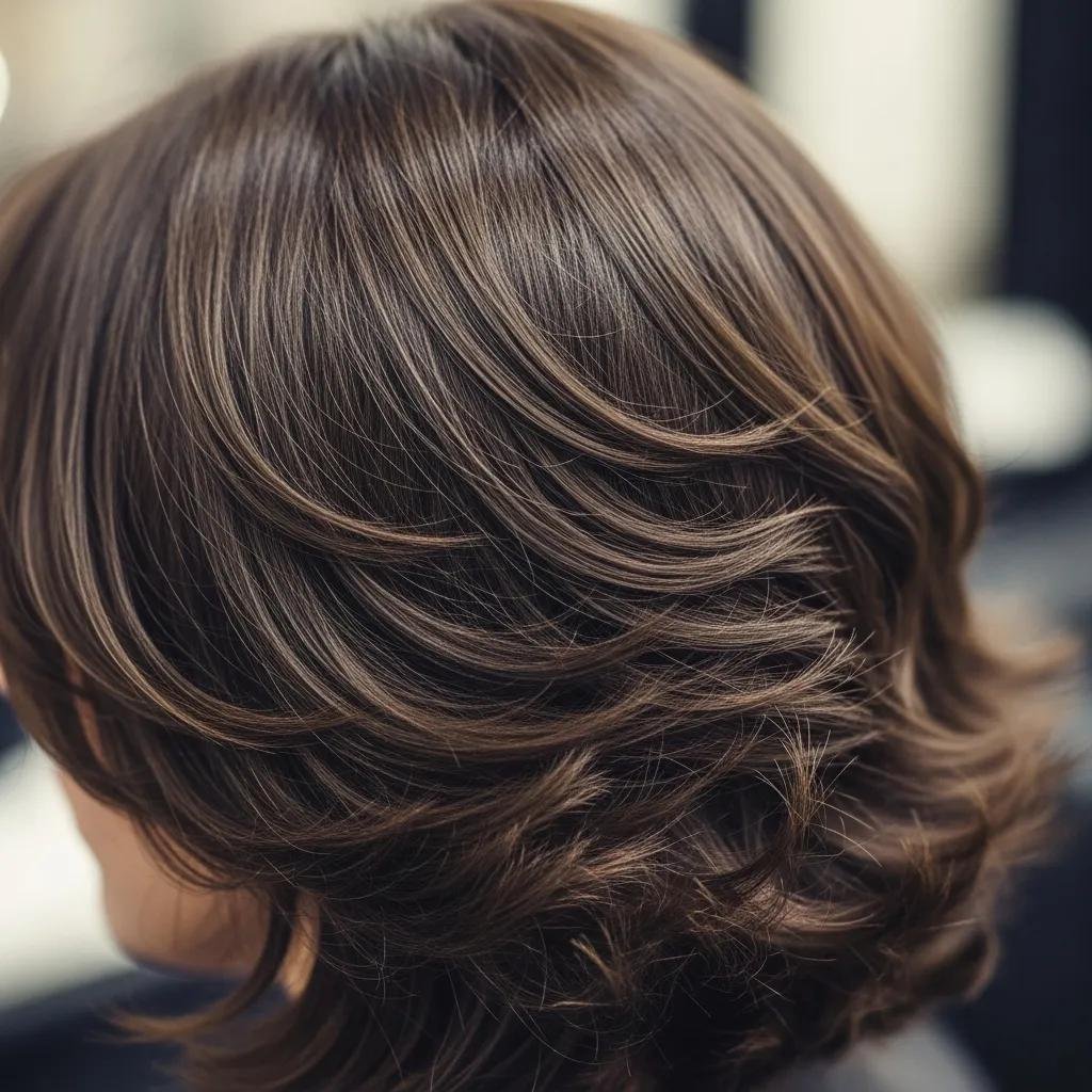 Detail of internal layers on thick hair showing movement and lighter shape