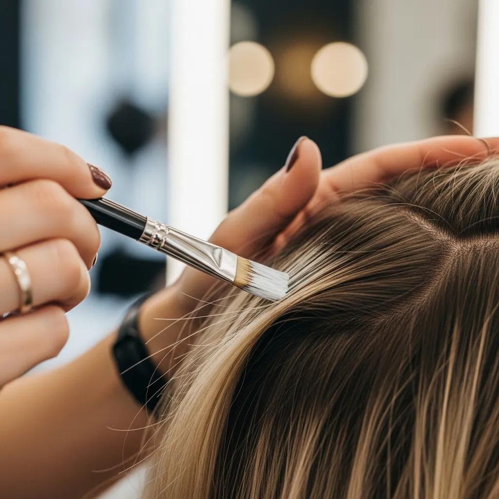Close-up of a stylist using freehand strokes to paint balayage highlights on hair