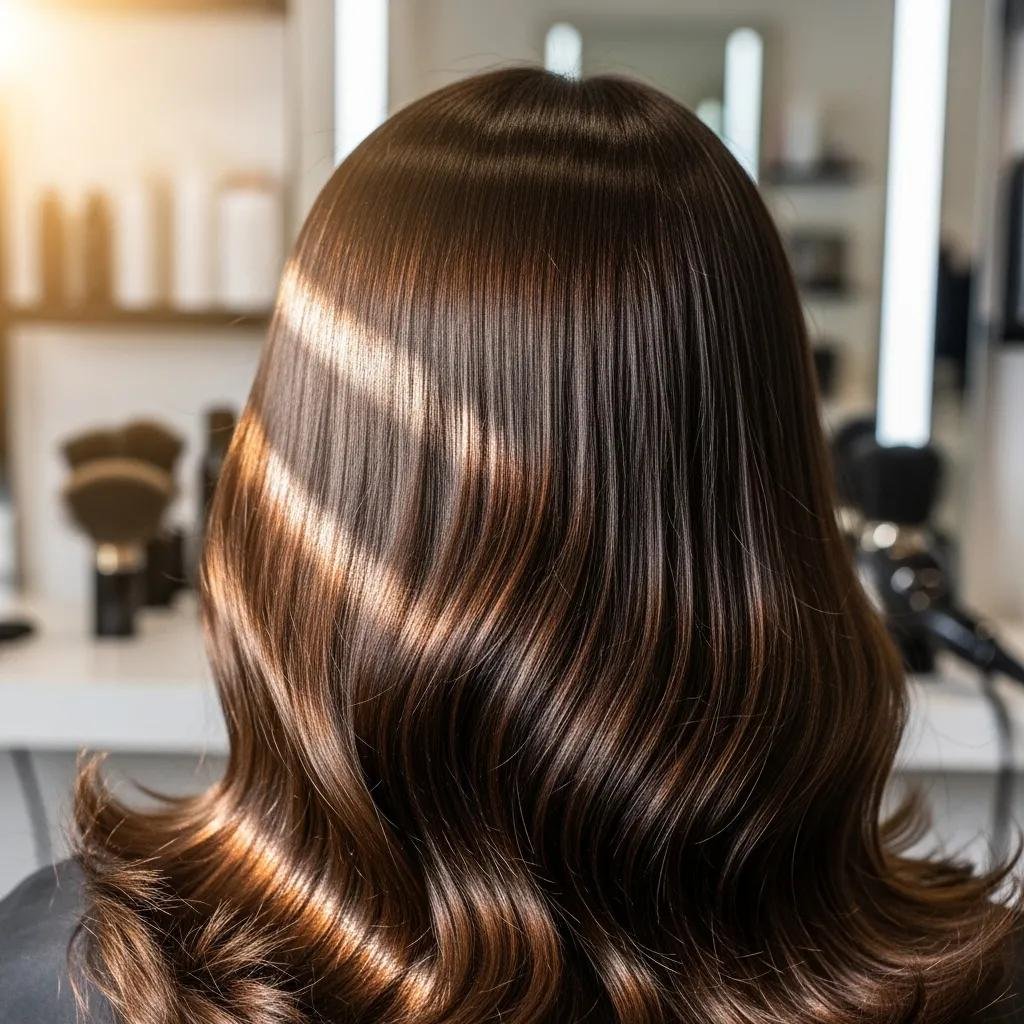Close-up of glossy hair after a keratin smoothing service, showing reduced frizz and shine