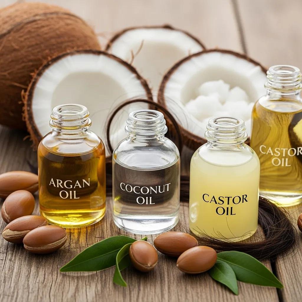 Close-up of argan, coconut and castor oil bottles with fresh ingredients — highlighting their growth-support benefits