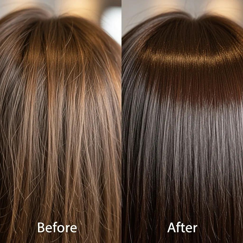 Close-up of glossy, healthy-looking hair after a professional glaze