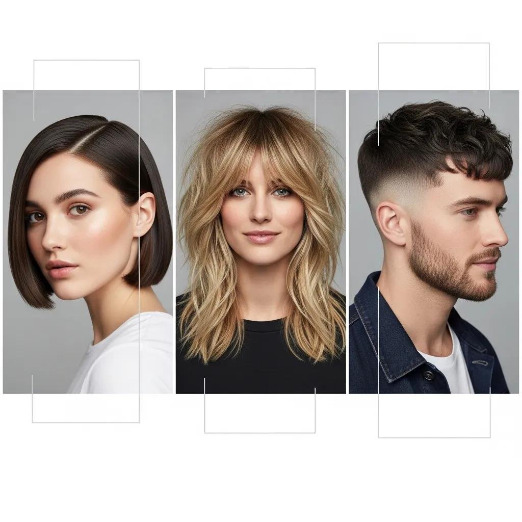 Collage of 2024 haircut trends — modern bob, textured shag, and textured crop — shown at Kylie Studio Salon